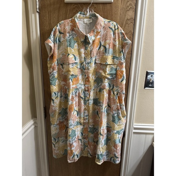 heyson Dresses & Skirts - Heyson Sea Life Print Pastel Button Down Peplum Flare Dress 2X New With Tags